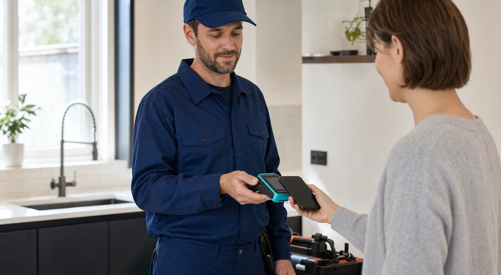 Technician completing a contactless payment with a customer in a modern kitchen