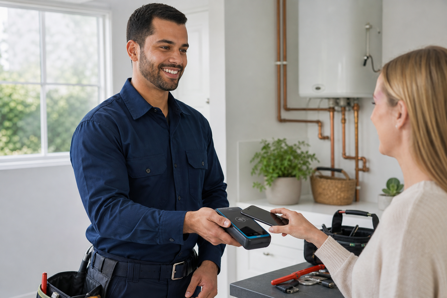 Plumbing technician accepting a contactless payment in a customer's home