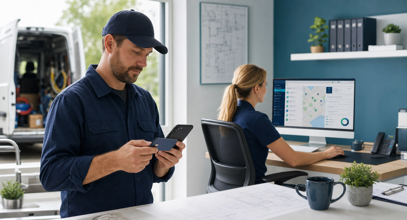 Plumbing technician using a mobile payment app while an operations manager works at a dashboard