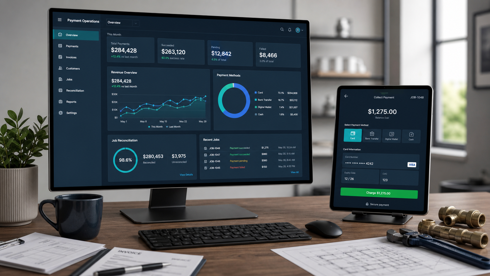 BrandPOS payment operations dashboard and mobile collection screen